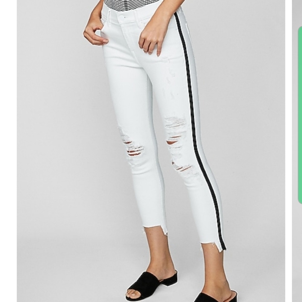 Mid rise side stripe ripped cropped jean leggings